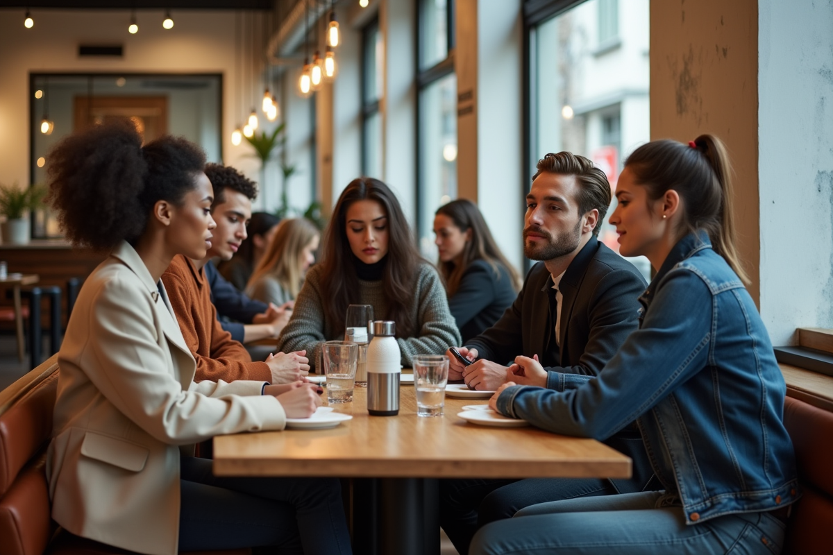 Groupe diversifié dans un café moderne en ville