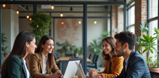 Bien-être au travail : conseils concrets pour l’instaurer efficacement Groupe de collègues en réunion dans un open space moderne