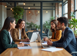Bien-être au travail : conseils concrets pour l’instaurer efficacement Groupe de collègues en réunion dans un open space moderne
