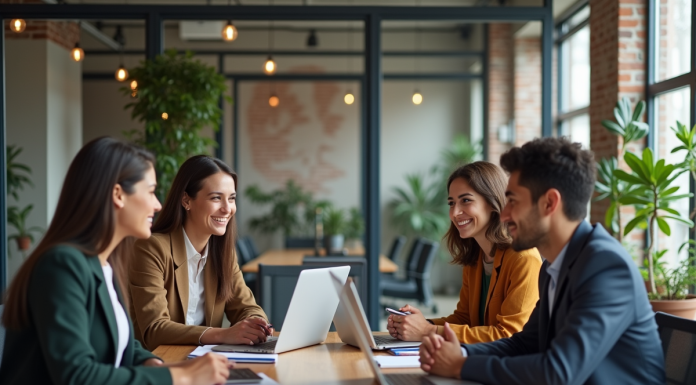 Groupe de collègues en réunion dans un open space moderne