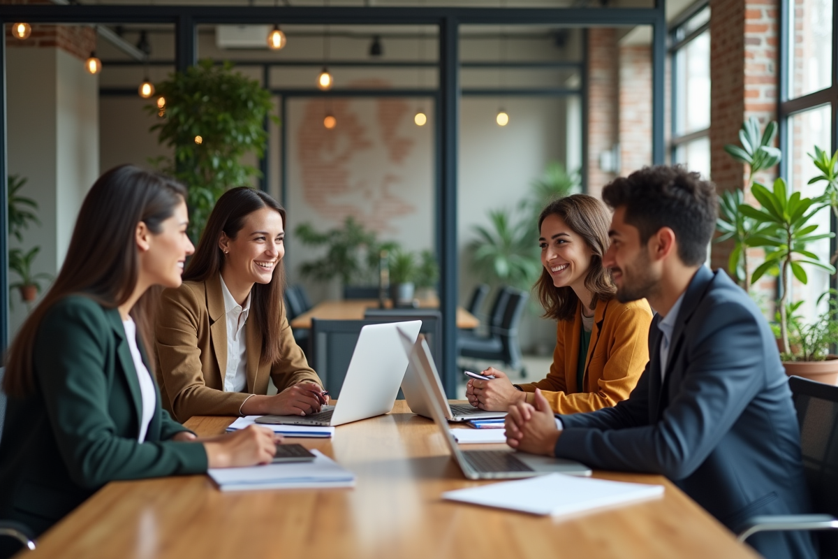 Groupe de collègues en réunion dans un open space moderne
