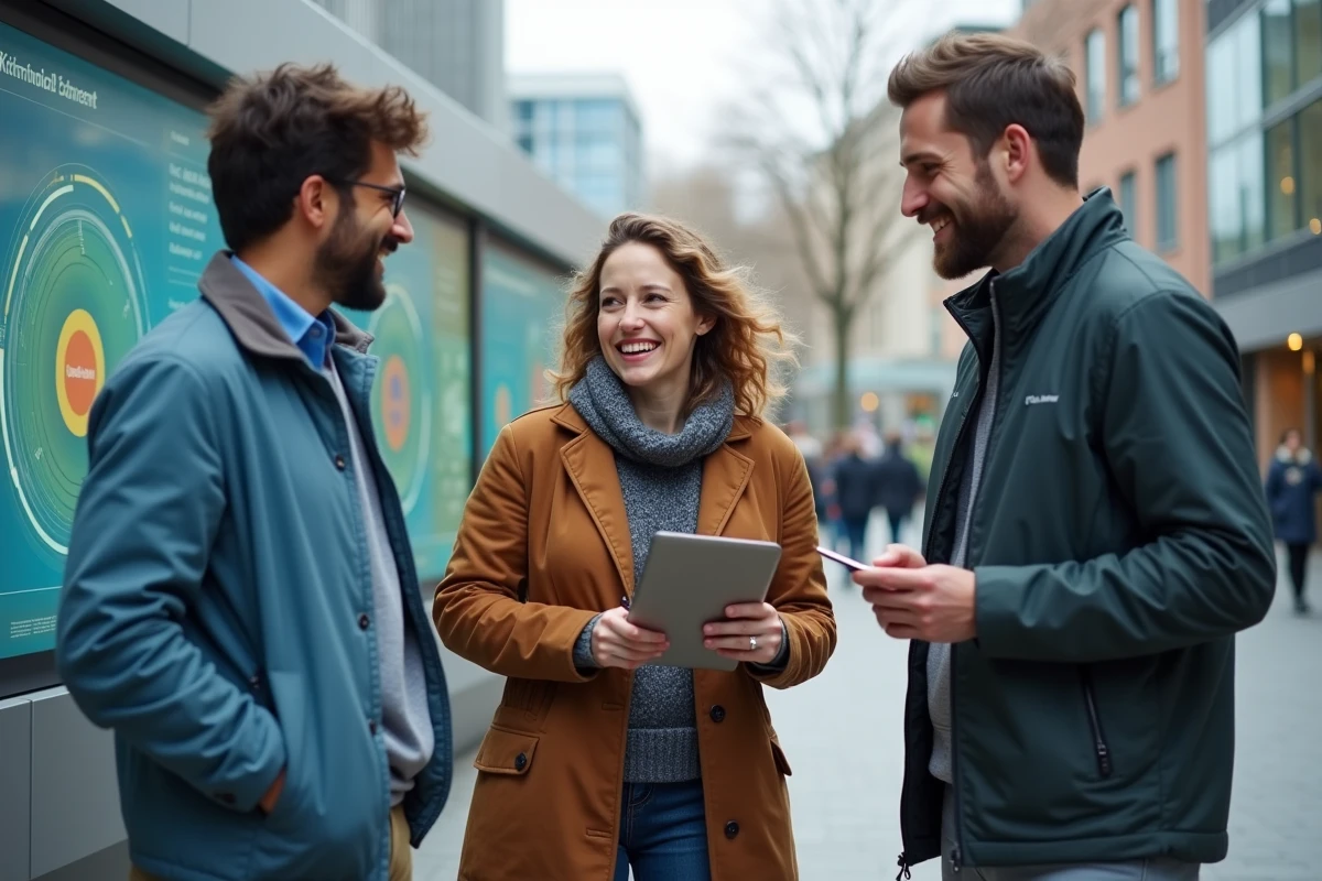 Groupe de trois personnes discutant devant un écran interactif en extérieur