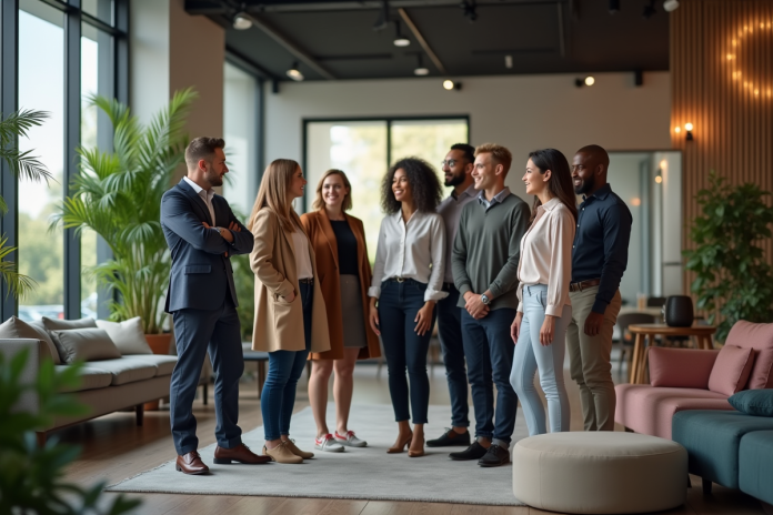 Groupe divers d'adultes dans un bureau moderne convivial
