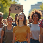 Groupe divers d'âges et d'ethnies en park urbain pour l'égalité