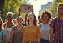 Groupe divers d'âges et d'ethnies en park urbain pour l'égalité