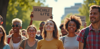 Groupe divers d'âges et d'ethnies en park urbain pour l'égalité
