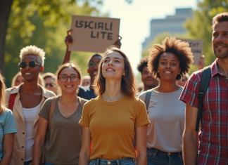 Groupe divers d'âges et d'ethnies en park urbain pour l'égalité