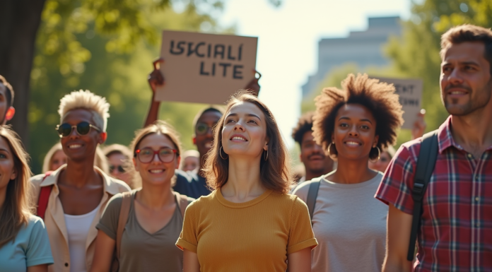 Groupe divers d'âges et d'ethnies en park urbain pour l'égalité