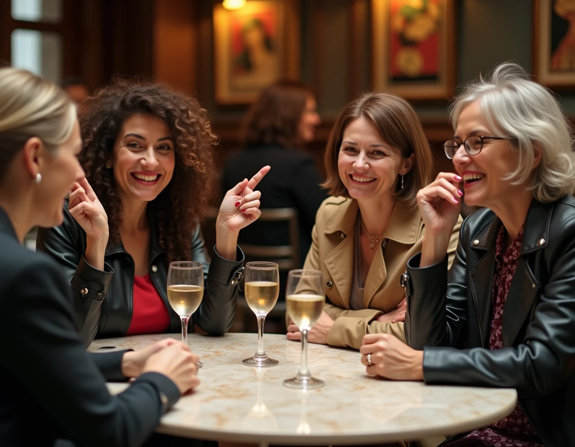 Groupe de quatre humoristes françaises réunies dans un café parisien après un spectacle comique en troupe
