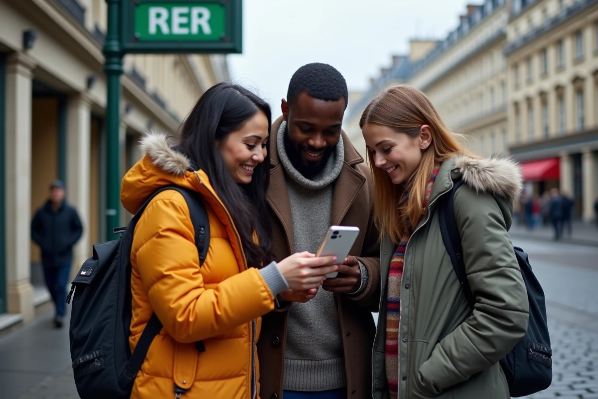 Groupe de nouveaux arrivants consultant le plan du RER en Île-de-France sur smartphone devant une entrée de gare