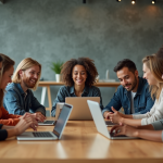 Groupe de jeunes adultes travaillant ensemble en coworking