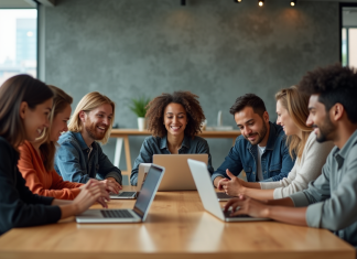 Groupe de jeunes adultes travaillant ensemble en coworking