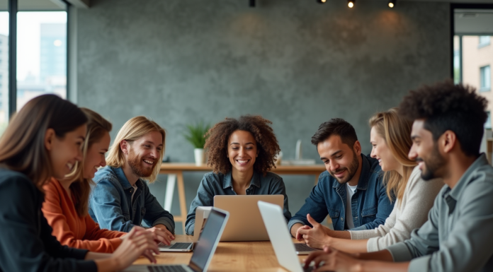 Groupe de jeunes adultes travaillant ensemble en coworking