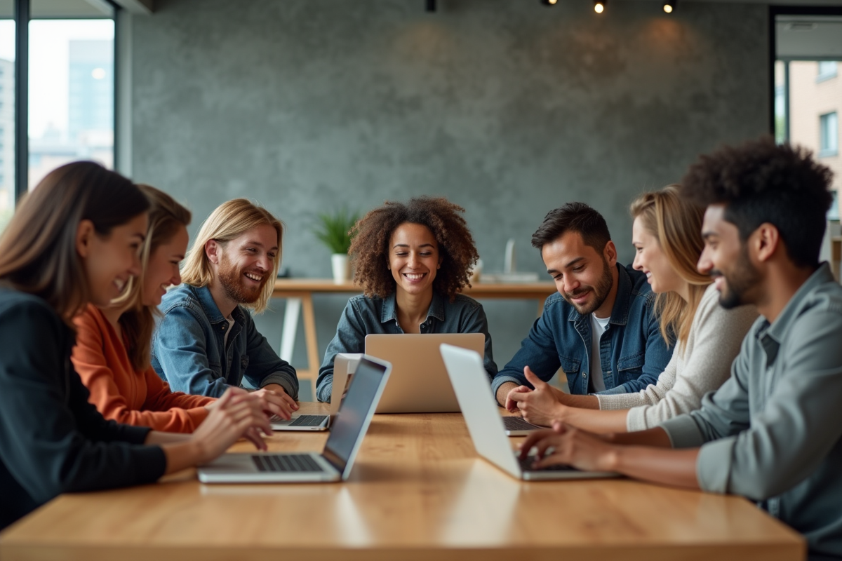 Groupe de jeunes adultes travaillant ensemble en coworking