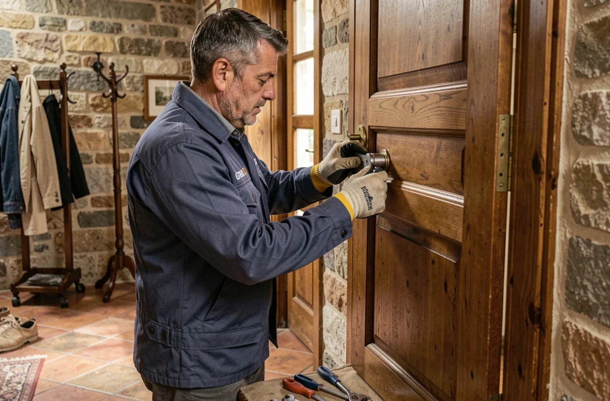 Artisan serrurier de Hincelin Serrurerie installant un cylindre de sécurité sur une porte en chêne