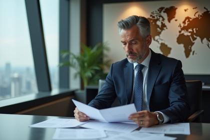 Homme d'affaires en costume navy dans un bureau moderne