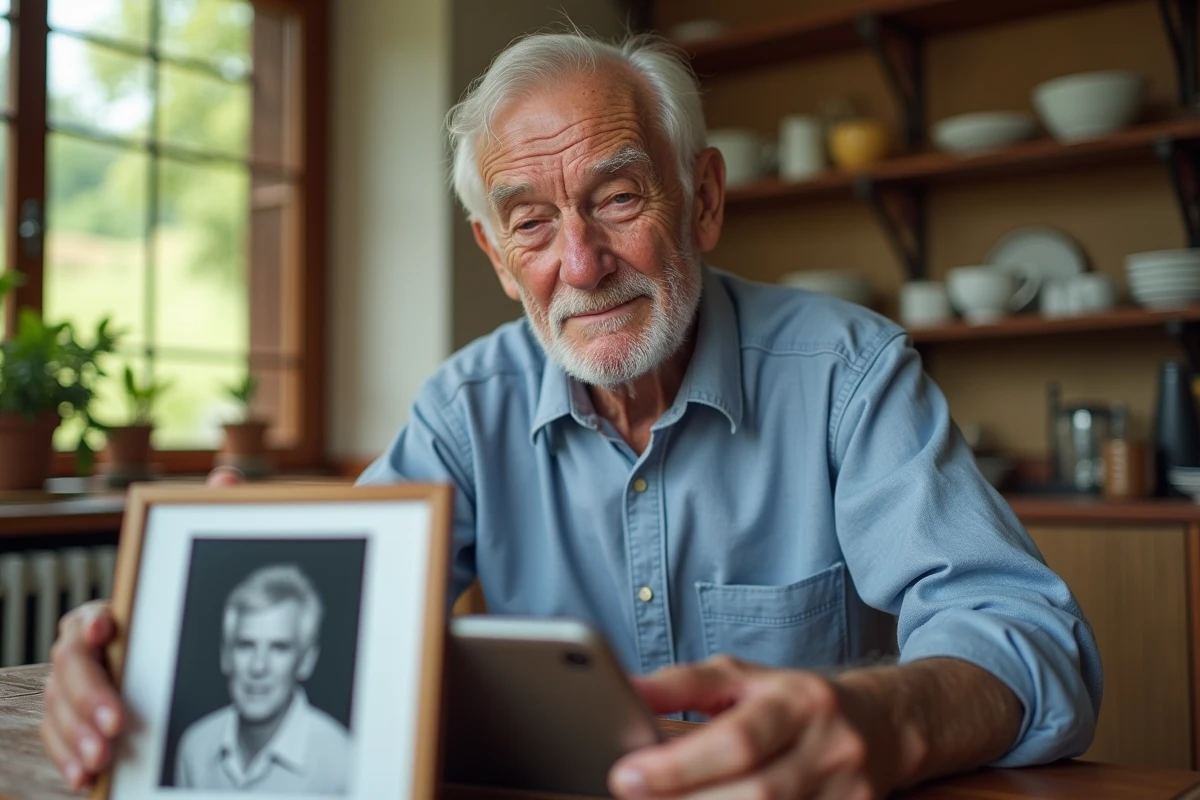 Homme âgé tenant une photo de famille tout en consultant un profil mémoriel numérique sur une tablette