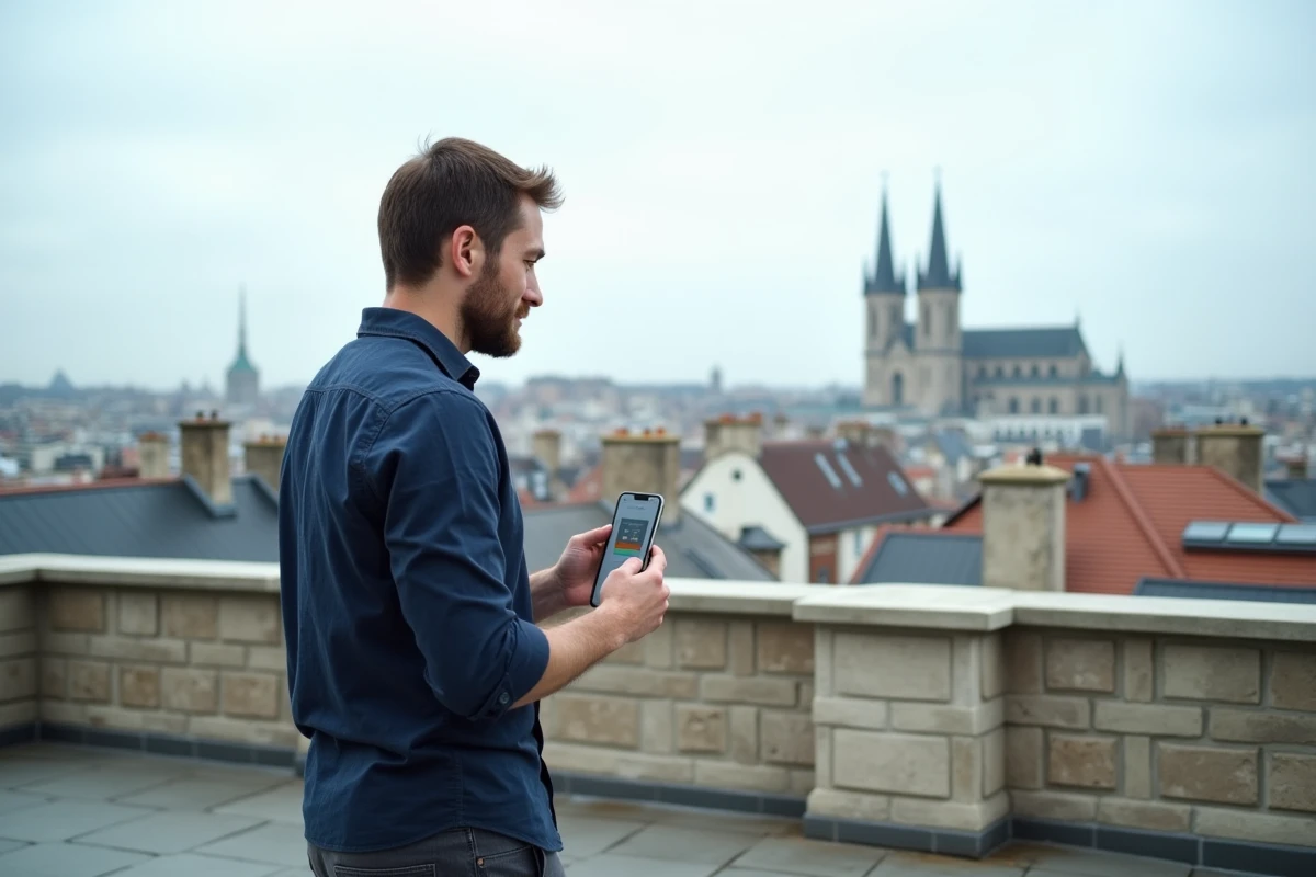 Homme consultant une application de classement des villes sur son smartphone depuis une terrasse avec vue sur la ville