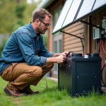 Homme connectant une batterie solaire dans un jardin
