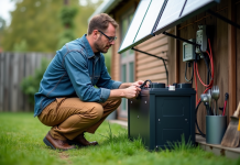 Homme connectant une batterie solaire dans un jardin