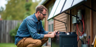 Homme connectant une batterie solaire dans un jardin