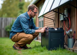 Homme connectant une batterie solaire dans un jardin