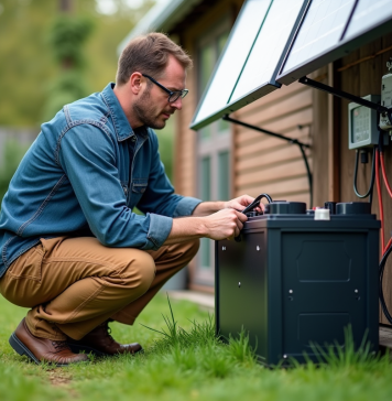 Homme connectant une batterie solaire dans un jardin