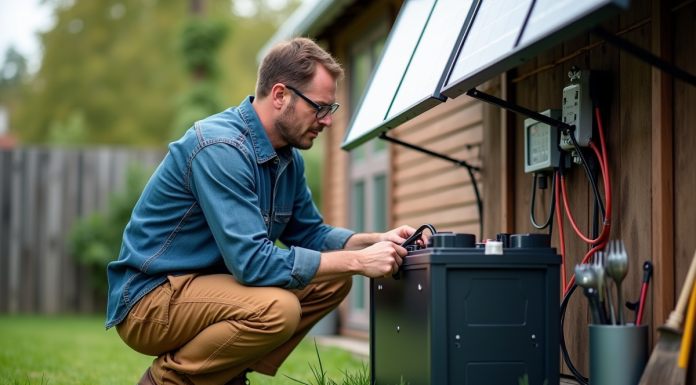 Homme connectant une batterie solaire dans un jardin
