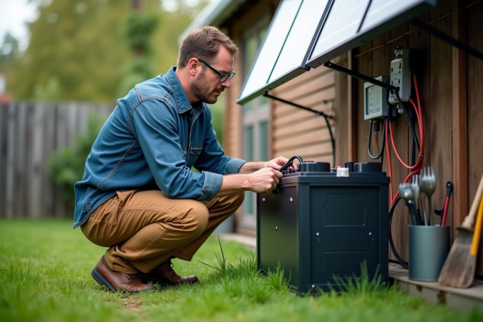 homme-batterie-solaire-jardin Homme connectant une batterie solaire dans un jardin