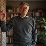 Homme d'âge moyen appuyant sa main sur un mur en briques