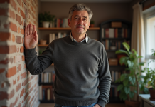 Mur et froid : comprendre pourquoi pour mieux isoler votre maison ! Homme d'âge moyen appuyant sa main sur un mur en briques