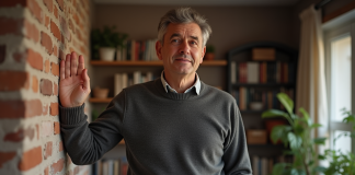 Homme d'âge moyen appuyant sa main sur un mur en briques