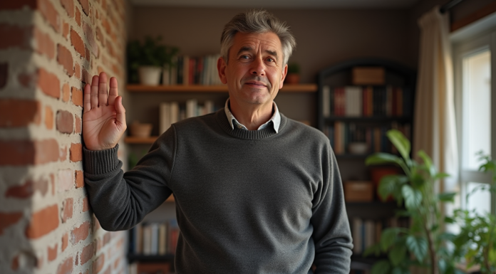 Homme d'âge moyen appuyant sa main sur un mur en briques