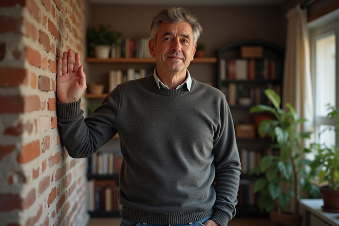 homme-brick-wall-contemplatif Homme d'âge moyen appuyant sa main sur un mur en briques