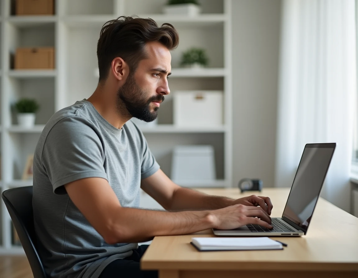 Homme scrutant les options d'une application de rencontre sur son ordinateur portable depuis son bureau à domicile, se questionnant sur les abonnements payants