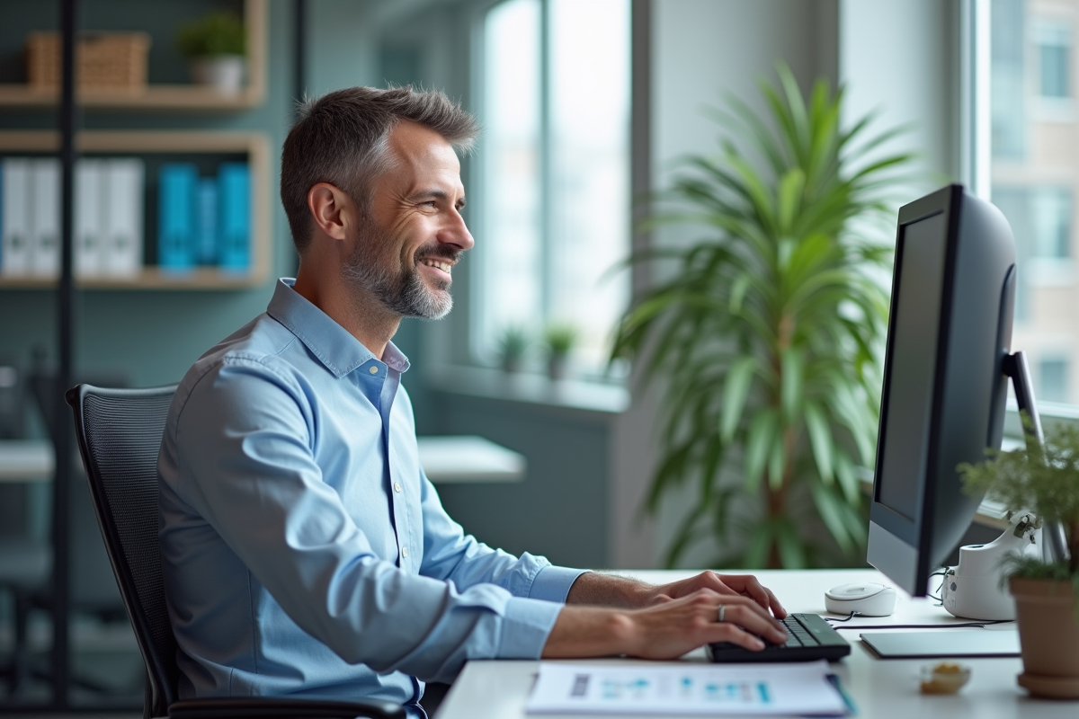 Homme au bureau en train de taper sur un ordinateur