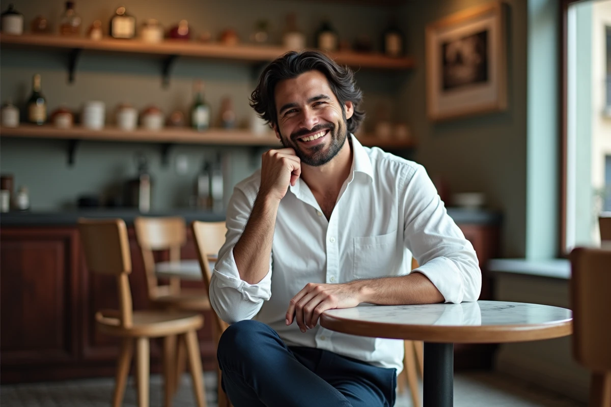 Homme élégant assis dans un café parisien, regard complice et souriant, atmosphère intime et chaleureuse