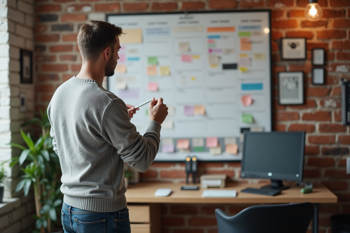 Homme utilisant un calendrier mural pour planifier ses tâches