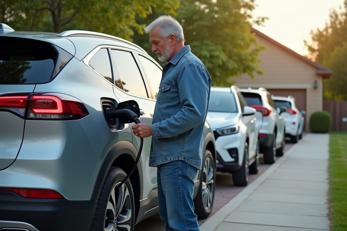 Homme vérifiant la prise de recharge d’un SUV hybride