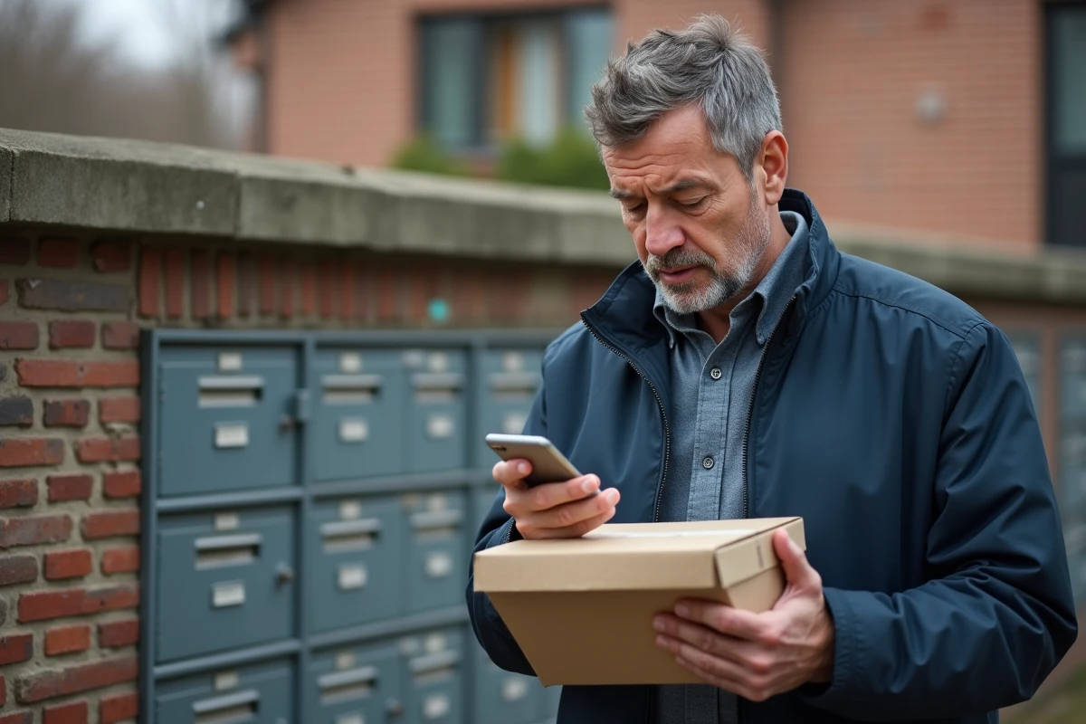 Homme avec colis près de boîtes aux lettres en extérieur