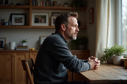 Homme pensif dans un salon scandinave chaleureux