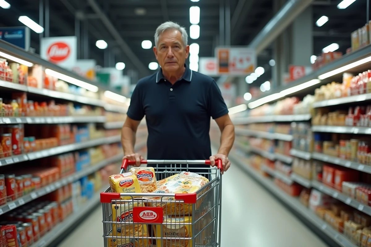 Homme faisant ses courses avec des produits marque repère dans un hypermarché E.Leclerc