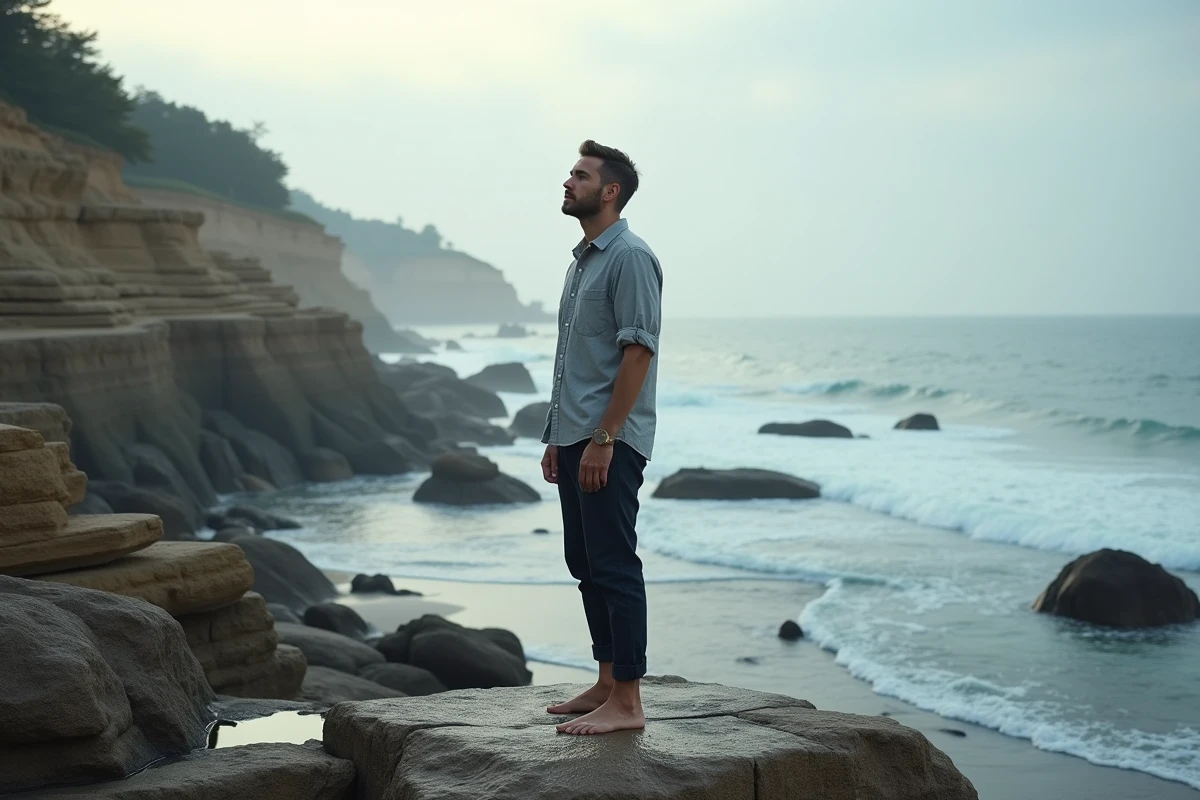 Homme debout au bord d'une falaise rocheuse, évoquant la résilience et les fragilités du signe astrologique Cancer du 12 juillet