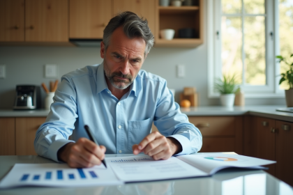 Homme d'âge moyen étudiant des documents de prêt immobilier