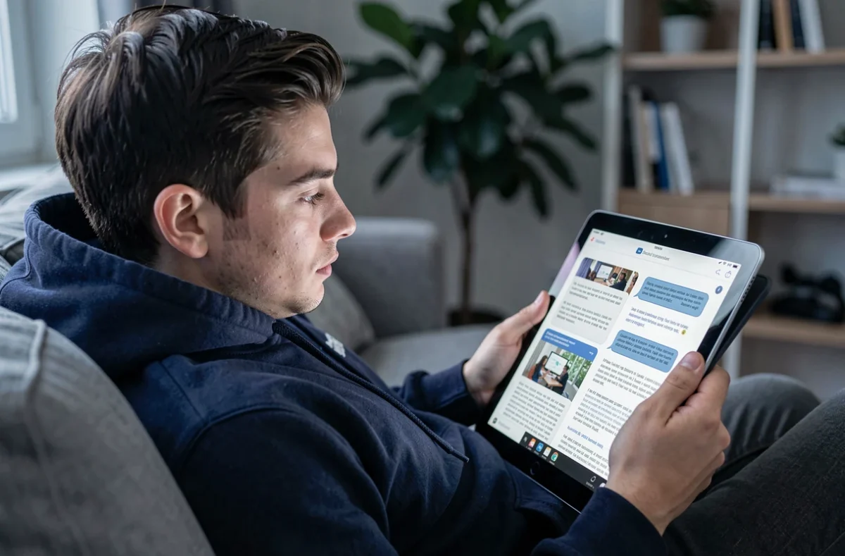 Jeune homme lisant un chapitre scanné sur tablette allongé dans son salon moderne
