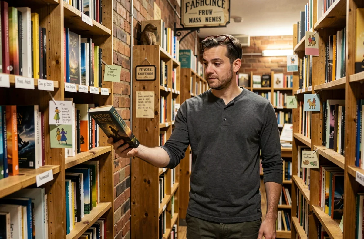 Homme parcourant le rayon romantasy d'une librairie indépendante avec un air curieux et hésitant