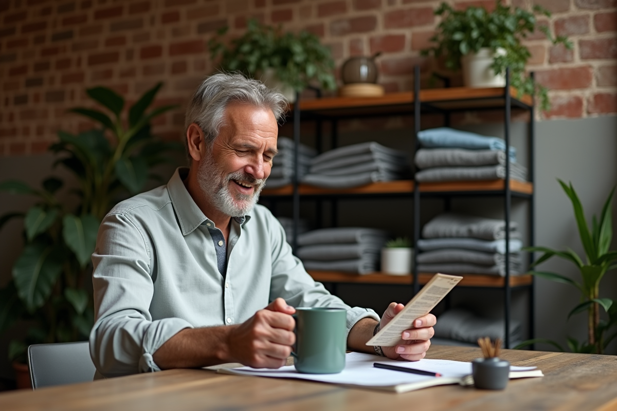 Homme lisant une étiquette de vêtements durables