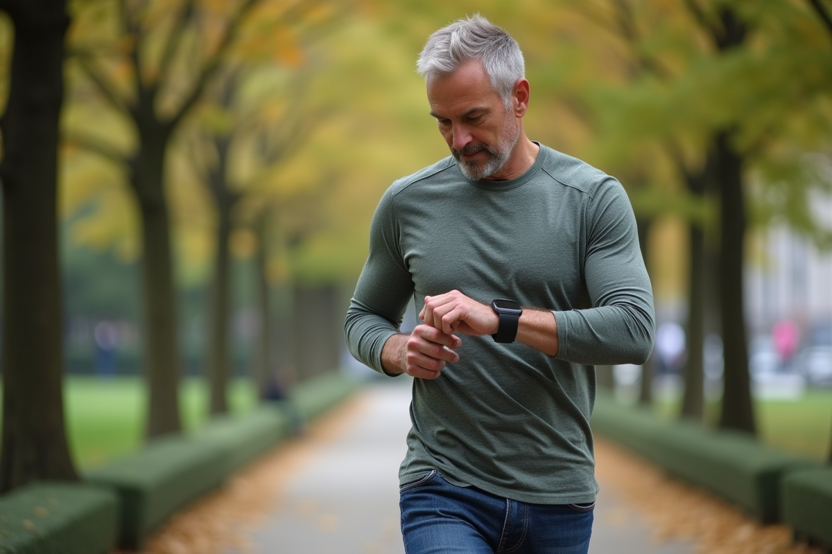 Homme en marche rapide dans un parc urbain