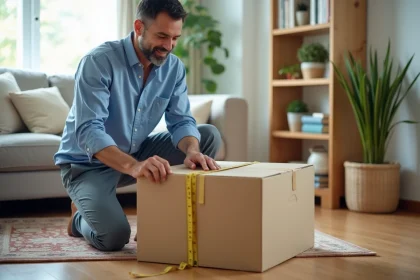 Homme mesurant un carton dans un salon accueillant