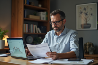 Homme d'âge moyen vérifiant documents financiers dans un bureau